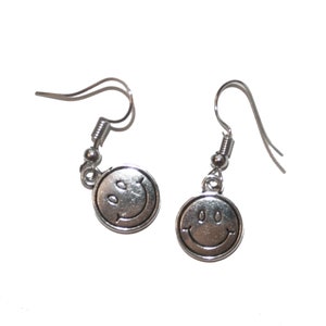 Silver Happy Face Earrings- Smiley face Happy Face 1990s fashion nostalgia smiley face happy face 90s grunge dead stock 90s vintage