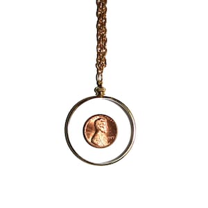 Vintage Penny Necklace - Vintage Gold Penny Necklace set in acrylic lucky penny 1975 penny heads up tails up coin collection coin collector