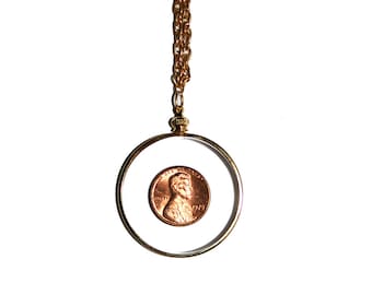 Vintage Penny Necklace - Vintage Gold Penny Necklace set in acrylic lucky penny 1975 penny heads up tails up coin collection coin collector