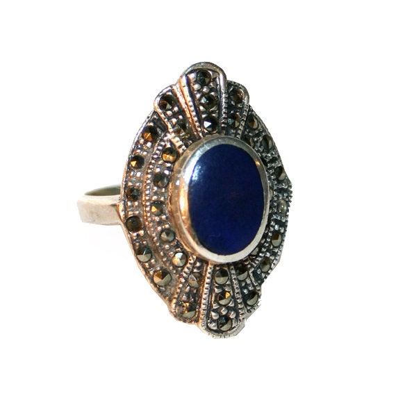 Bague En Lapis-Lazuli Et Argent 925 - Style Art Déco Victorien Vintage - Taille 7 - Neuf