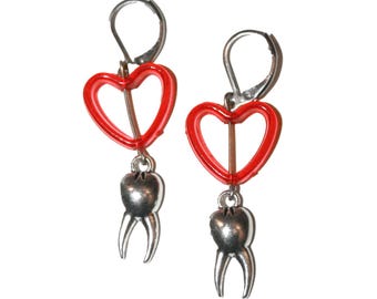 Heart Tooth Earrings - teeth tooth earrings hoop earrings silver teeth tooth gift weird odd jewelry unique