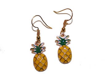 Enamel Gold Pineapple Earrings - handmade fruit earrings fruit lady kitschy cute summer fruits vintage inspired retro pineapple