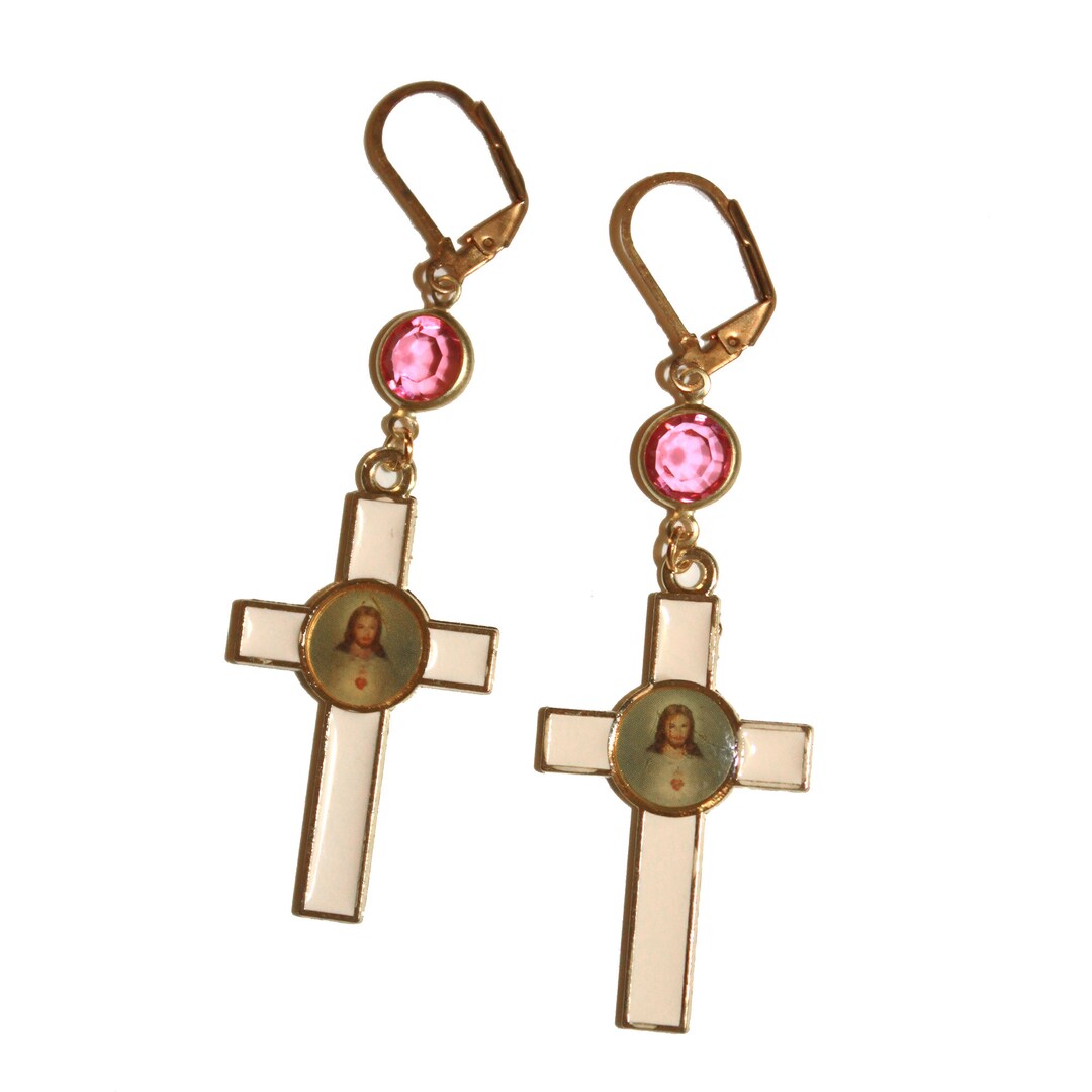 Large Enamel Sacred Heart Jesus Cross Earrings Religious Catholic
