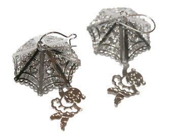 70s Vintage 3D Teddy Bear Umbrella Earrings - stamped metal earrings bear kawaii cute animal earrings