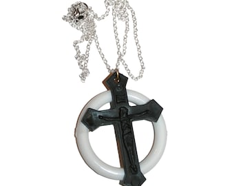 Black Plastic Cross Necklace - vintage parts handmade
