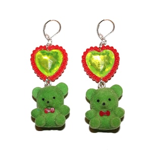 Gem Heart Teddy Earrings - vintage 90s flocked teddy bear earrings gem hearts 80s earrings 90s earrings gemstone earrings