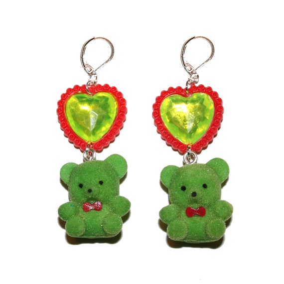 Gem Heart Teddy Earrings - vintage 90s flocked teddy bear earrings gem hearts 80s earrings 90s earrings gemstone earrings