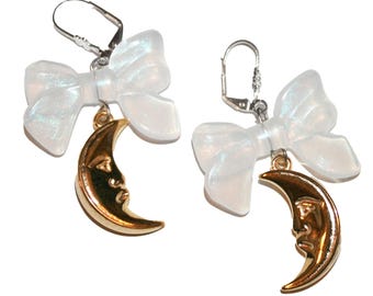 Gold Moon and Bow Earrings - Face Moon Gold Earrings - 666 Cult Fashion Ouija Witch Punk Jewelry Vintage Moon
