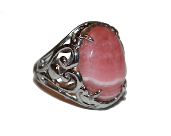 Vintage Sterling and Rhodochrosite Ring - SIZE 6 - big pink ring sterling silver ring