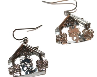 70s Vintage 3D Kitten House Earrings - stamped metal earrings kitten cat kawaii cute animal earrings