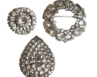 Set of 3 Vintage Rhinestone Brooches - Vintage art deco resin and rhinestone jewelry silver pin brooch collectible unique antique