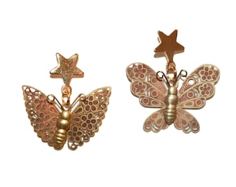 Vintage 70s Stamped Metal Filagree Butterfly Earrings - gold copper mixed metal earrings