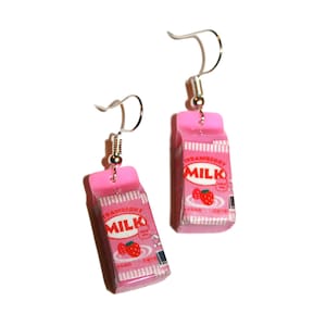 Brincos de caixa de leite de morango - fofo kawaii kitsch garrafa de leite bebê menina menino brincos lindos brincos fofos kawaii fashion pastel