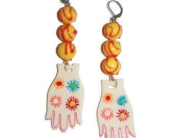 70s Groovy Hand Earrings - vintage 1970s big hand earrings retro psychedelic milagros hand hamsa protective amulet