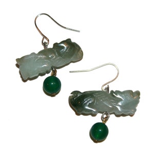 Vintage Jade Foo Dog Earrings - vintage green jade white jade foo dog hand carved earrings