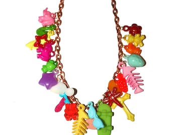 Charm Explosion Necklace vintage kitsch charm necklace cracker jack  charms celluloid vintage bell charm collectible charm bracelet