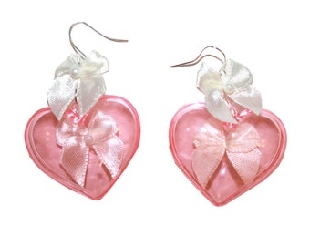 Lovely Heart & Bow Earrings - Pink clear heart big heart earrings coquette earrings kawaii jewelry