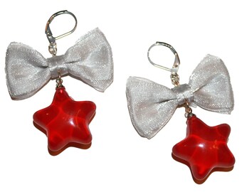Red Jelly Star Bow Earrings - super cute kawaii gem drop earrings jelly stars satin bows