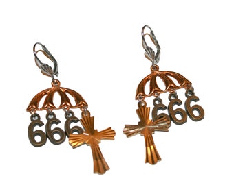 Gold and Brass 666 Cross Earrings - handmade earrings goth vibes one of a kind