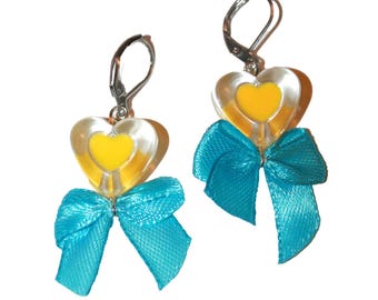 Jelly Heart and Bow Earrings - super cute kawaii gem drop earrings jelly hearts satin bows
