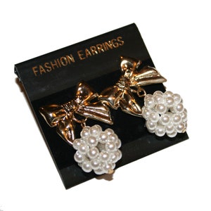 Vintage Bow and Pearl Earrings - vintage gold bow pearl earrings lovely cute kawaii vintage lolita