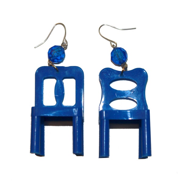 Big Blue Chair Earrings - plastic chair earrings miniature chair kitsch earrings