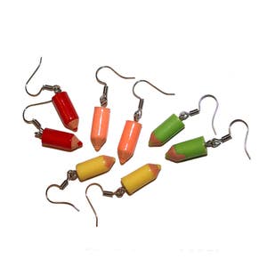 Colored Pencil Earrings - Peach Red Green Yellow Artist Necklace Coloring Pencils Cute tiny kawaii charm
