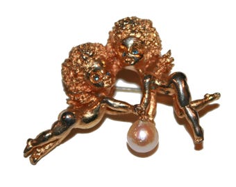 Vintage 1950s CYVRA Pixie Brooch - gold faerie pixie kewpie pin brooch rare