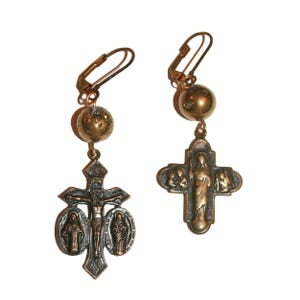 Vintage Catholic Brass Cross Charm Earrings - Catholic metal style rosary cross earrings rosary Catholicism Jesus cross rosary Virgin Mary