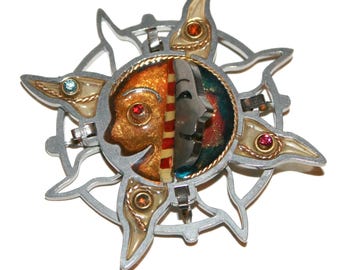90s Vintage Sun and Moon Brooch - Vintage gold costume jewelry star moon crescent star shooting star cult coven pagan 90s moon face
