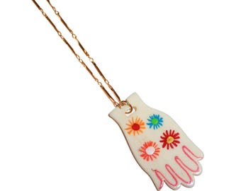 70s Groovy Hand Necklace - vintage 1970s big hand necklace retro psychedelic milagros hand hamsa protective amulet