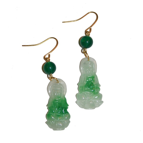 Vintage Jade Lady Buddha Earrings - vintage green jade hand carved jade buddha earrings