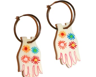 70s Groovy Hand Hoop Earrings - vintage 1970s big hand earrings retro psychedelic milagros hand hamsa protective amulet