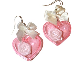 Lovely Heart & Rose Earrings - Pink clear heart big heart earrings coquette earrings kawaii jewelry