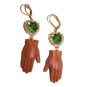 Green Gem Heart Hand Earrings - Kitsch body parts jewelry weird unique unusual strange oddity circus freak show coney island