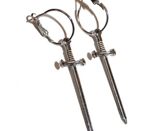 Silver Sword Hoop Earrings - Vintage inspired silver colored sword earrings gothic goth soft grunge pastel grunge