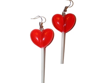 Cutie Lollipop Earrings - Heart shaped lollipop earrings kawaii cute acrylic handmade giant heart earrings big earrings rave candy earrings