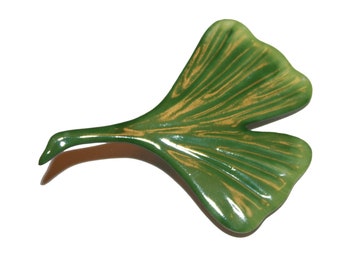 Vintage Kammer Porcelain Ginkgo Leaf Brooch - Green Ginkgo ceramic leaf brooch