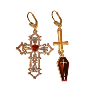 Rhinestone Cross and Coffin Earrings - Gothic heart rhinestone gem heart sparkly gothic earrings