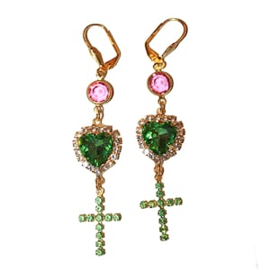 Vintage Rhinestone Watermelon Cross Earrings - Catholic Christian Gothic religious cross earrings frosted glass plastic rhinestone heart