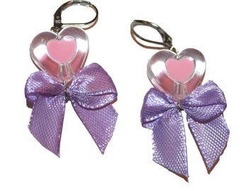 Jelly Heart and Bow Earrings - super cute kawaii gem drop earrings jelly hearts satin bows