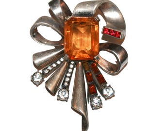 Antique 1940s Sterling and Amber Brooch - large brooch pin antique vintage 40s retro deco
