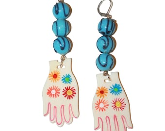 70s Groovy Hand Earrings - vintage 1970s big hand earrings retro psychedelic milagros hand hamsa protective amulet