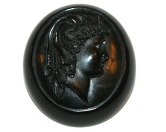 Antique Whitby Jet Jumbo Cameo - black stone fossilized wood cameo large big cameo brooch