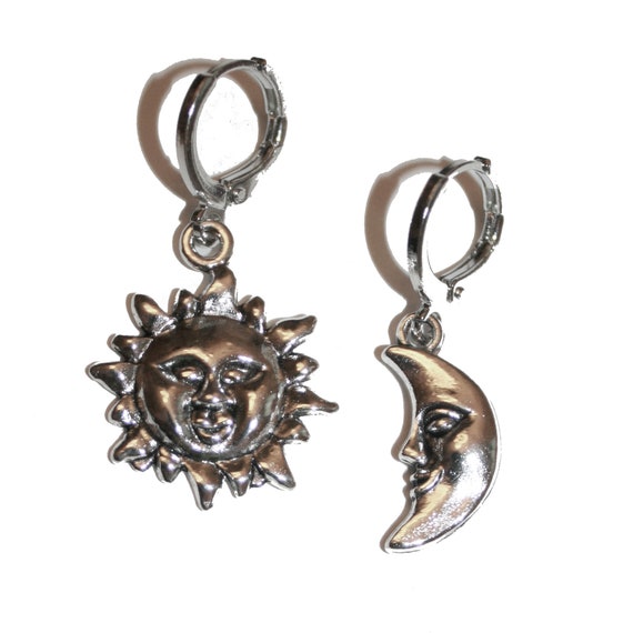 Moon and Sun Huggie Earrings Moon Phases Earrings Silver Star