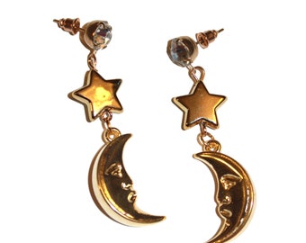 Gold Man on the Moon Earrings with Star and Rhinestone - Face Moon Gold Earrings - 666 Cult Fashion Ouija Witch Punk Jewelry Vintage Moon