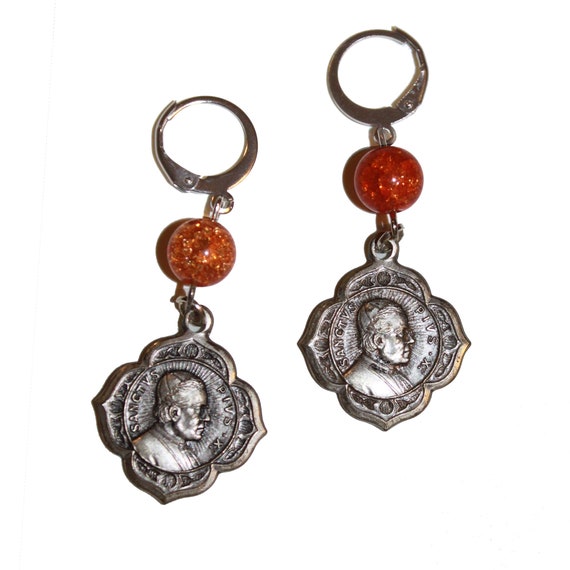 Vintage Medal of Pope St. Pius X Earrings - relig… - image 1