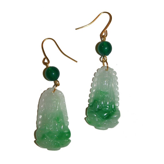 Vintage Jade Lady Buddha Earrings Vintage Green Jade Hand Carved