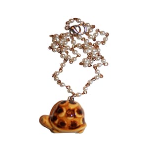 Ceramic Turtle Necklace - pearl chain ceramic turtle yellow turtle lover tortoise gift hand painted vintage