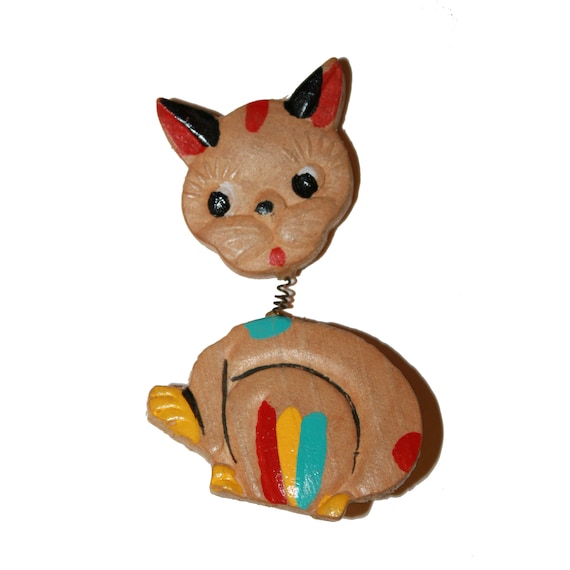 Vintage Mid Century Cat Brooch - 50s 60s wood cat… - image 1